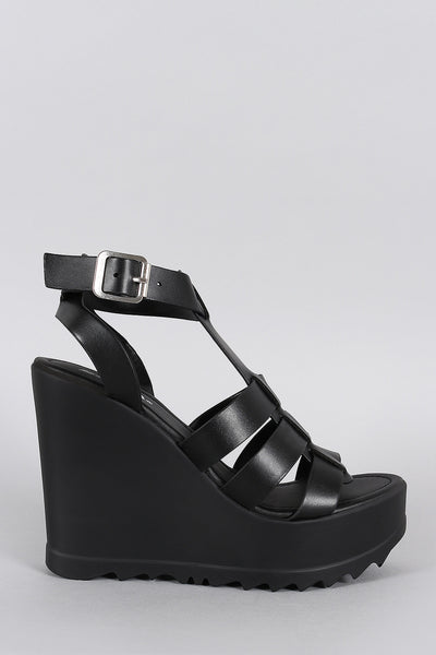 Soda Strappy Open Toe T-Strap Lug Sole Platform Wedge