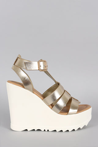 Soda Metallic Strappy Lug Sole Platform Wedge