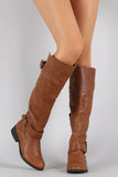 Qupid Buckle Round Toe Riding Knee High Boot