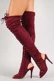 Breckelle Lace Up Back Cutout Stiletto Thigh High Boot