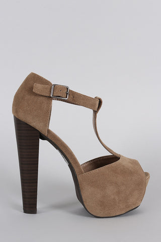 Breckelle T-Strap Suede Peep Toe Platform Chunky Heel