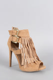 Qupid Double Buckle Falling Fringe Peep Toe Heel