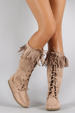 Soda Suede Fringe Round Toe Lace Up Moccasin Flat Boots