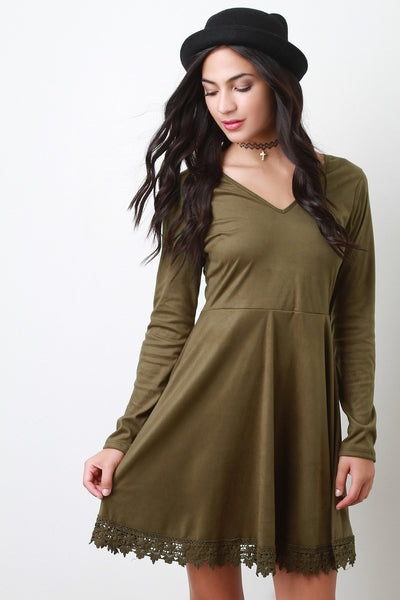 Crochet Trim Long Sleeve A-Line Dress