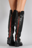 Bamboo Fold Over Cuff Contrast Zipper Studded Riding Knee High Boot