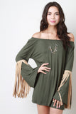 Off Shoulder Suede Contrast Fringe Long Bell Sleeves Top