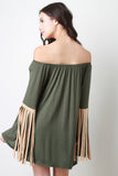 Off Shoulder Suede Contrast Fringe Long Bell Sleeves Top