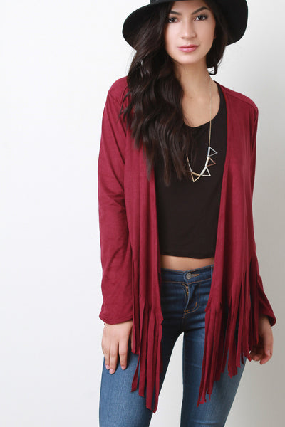 Vegan Suede Asymmetrical Fringe Cardigan