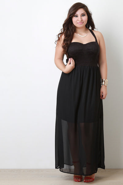 Suede Sweetheart Cross-Back Chiffon Maxi Dress