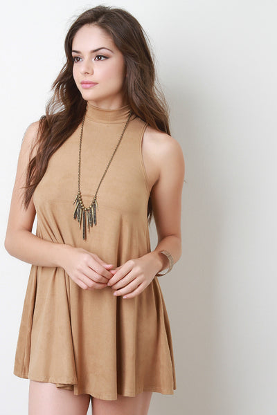 Mock Neck Sleeveless Suede Swing Dress