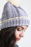 Button And Fur Pom Pom Ridged Knit Beanie