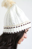 Button And Fur Pom Pom Ridged Knit Beanie