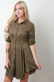 Suede Long Sleeves Button-Up Flared Dress