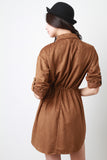 Suede Collared Drawstring Button-Up Shirt Dress