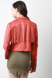 Zipped Up Suede Fringe Long Sleeves Jacket