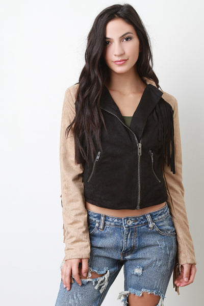 Zipped Up Two Tone Suede Fringe Long Sleeves Jacket