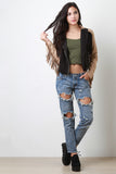 Zipped Up Two Tone Suede Fringe Long Sleeves Jacket