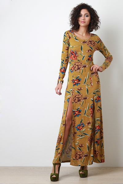 Floral Slit Maxi Sweater Long Sleeved Dress