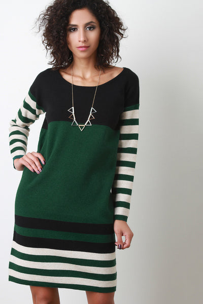 Long Sleeved Sweater Colorblock Striped Shift Dress