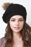 Fur Pom Pom Cable Knit Beret