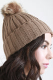 Fur Pom Pom Wide Ribbed Beanie