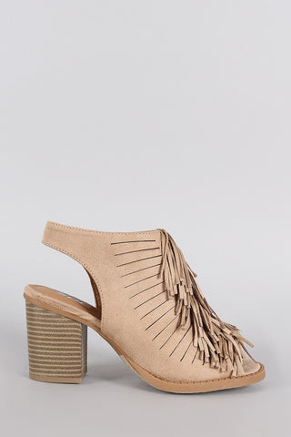 Soda Suede Fringe Peep Toe Mule Chunky Heel