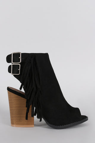 Qupid Falling Fringe Buckle Chunky Heel Mule