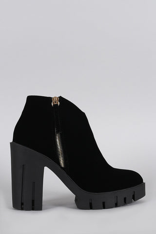 Velvet Pointy Toe Zip Up Lug Sole Platform Heeled Booties