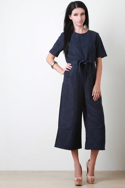 Faux Suede Bow Waist Culotte Jumpsuit