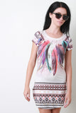 Feather Print Short Sleeve Mini Dress