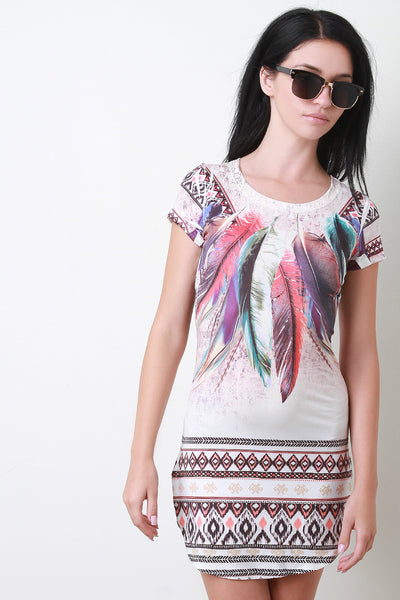 Feather Print Short Sleeve Mini Dress