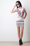 Feather Print Short Sleeve Mini Dress