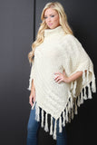 Mixed Cable Knit Turtleneck Tassel Hem Poncho