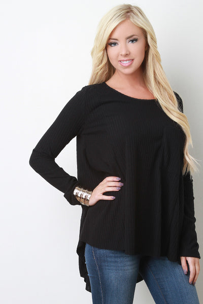 Ribbed Knit Pocket Long Sleeves High Low Babydoll Top