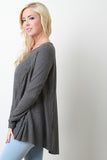 Ribbed Knit Pocket Long Sleeves High Low Babydoll Top