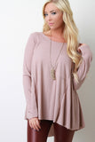 Ribbed Knit Pocket Long Sleeves High Low Babydoll Top