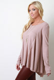 Ribbed Knit Pocket Long Sleeves High Low Babydoll Top