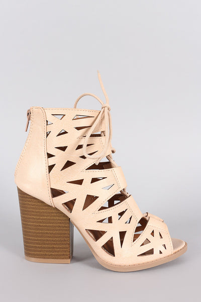 Qupid Lace Up Cutout Peep Toe Chunky Heel