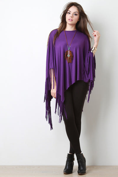 Jersey Knit Fringe Handkerchief Hem Poncho