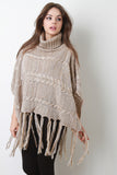 Marled Cable Knit Turtleneck Tassel Hem Poncho