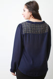 Metallic Woven-Inset Long Sleeves Peasant Top