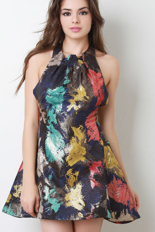 Metallic Splatter Halter Skater Dress