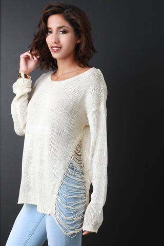 Side Frayed Knitted Sweater Top