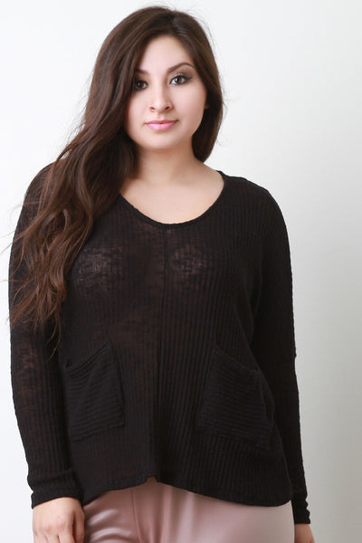 Loose Knit Pocket Long Dolman Sleeves Sweater Top