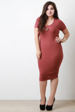 Ribbed Knit Cutout Back Zipper Short Sleeves Bodycon Dress