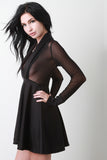 Deep V-Neck Mesh Contrast Long Sleeves Fit And Flare Dress